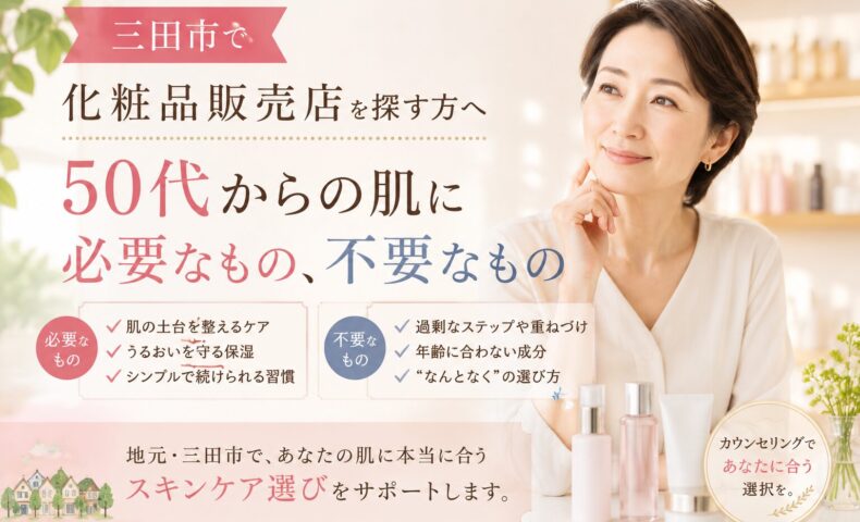 三田市の化粧品販売店で50代女性がスキンケアを見直し、必要なものと不要なものを相談しているイメージ