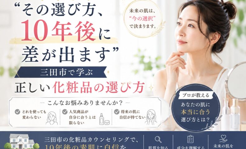 三田市で正しい化粧品の選び方を学び、10年後の肌に差が出ることを伝える女性のスキンケアイメージ