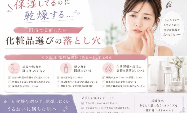 保湿しているのに乾燥する原因と、三田市で見直したい化粧品選びのポイントを紹介するアイキャッチ画像