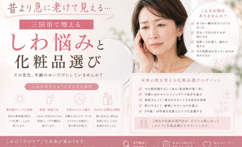 三田市で増えるしわ悩みと化粧品選びについて解説する美容カウンセリング用アイキャッチ画像