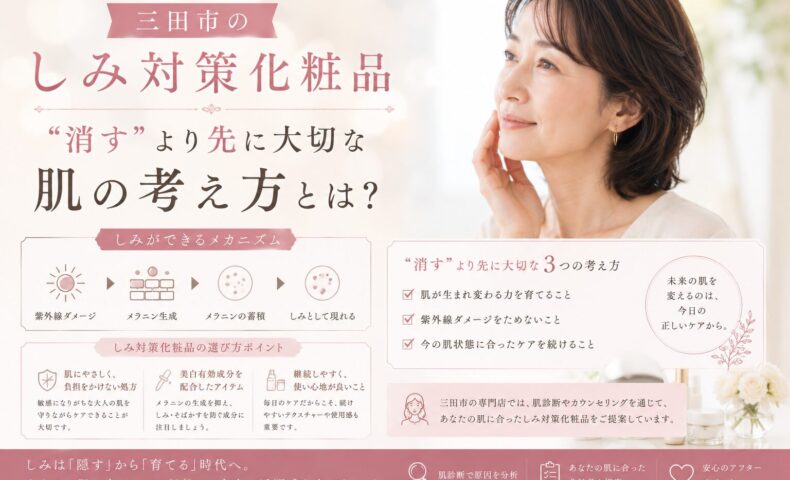 三田市でしみ対策化粧品を探す女性向けに、肌の考え方や正しいスキンケア選びを紹介するビジュアル