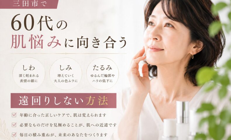 三田市で60代の肌悩みに向き合う女性と、しわ・しみ・たるみを遠回りしないスキンケア方法を紹介したアイキャッチ画像