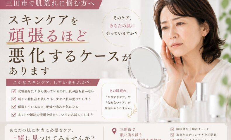 三田市で肌荒れに悩む女性が鏡を見ながらスキンケアについて考える様子。頑張るほど悪化する肌荒れと、正しい化粧品選びの重要性を表現した画像。