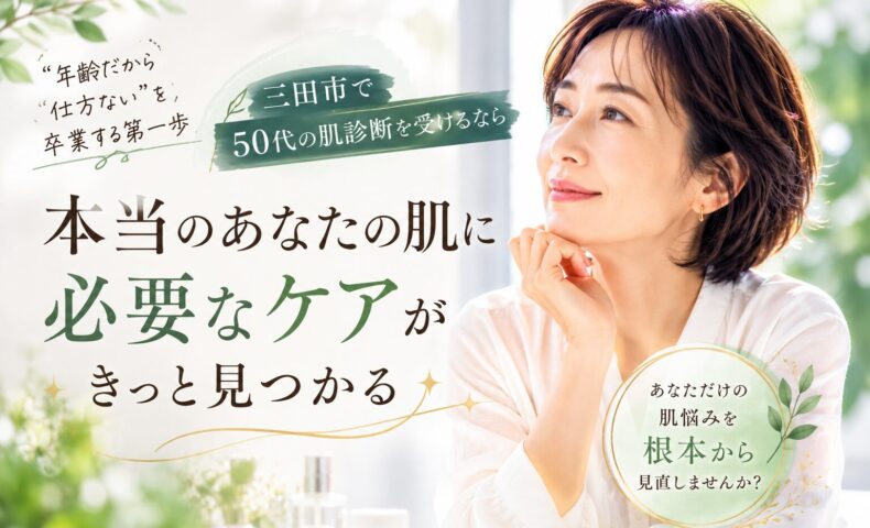 三田市で50代の肌診断を受ける女性のイメージ。年齢肌の悩みを見直し、本当に必要なスキンケアを見つけるための肌診断を紹介するアイキャッチ画像。