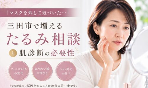 三田市で増えるたるみ相談と肌診断の必要性を紹介するアイキャッチ画像。鏡を見ながら頬のたるみを気にする女性。