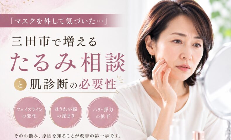 三田市で増えるたるみ相談と肌診断の必要性を紹介するアイキャッチ画像。鏡を見ながら頬のたるみを気にする女性。
