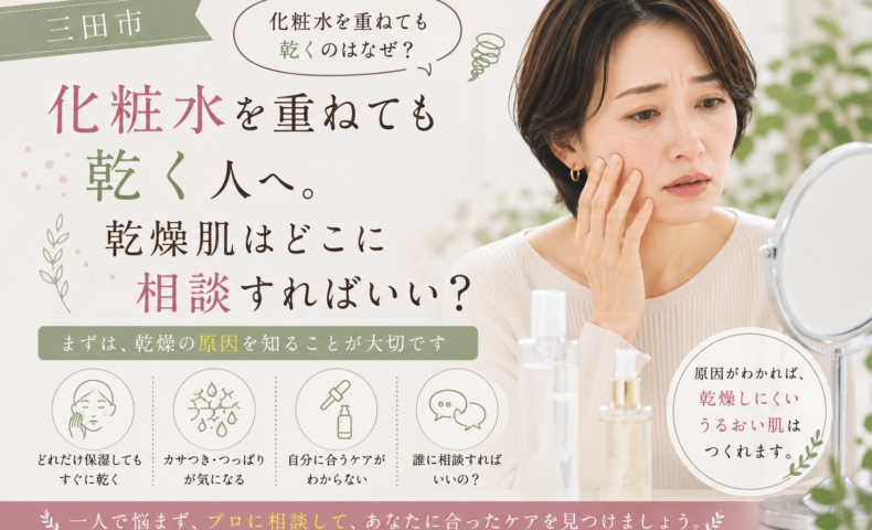 三田市で化粧水を重ねても乾燥する肌に悩む女性へ、乾燥の原因を知り自分に合ったスキンケアや相談先を見つける大切さを伝えるアイキャッチ画像。