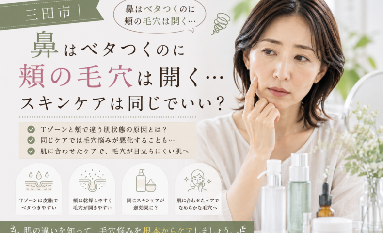 三田市で鼻のベタつきと頬の毛穴開きに悩む女性へ、部位ごとの肌状態に合わせたスキンケアを紹介
