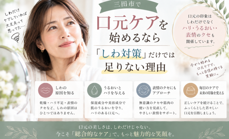 三田市で口元ケアを始めたい方へ、しわ対策だけでなく乾燥・ハリ不足・表情のクセを見直すポイントを紹介するアイキャッチ画像