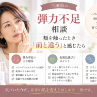 三田市の弾力不足相談。頬を触ったときに前との違いを感じる女性と、弾力不足の原因や化粧品選び、ケア習慣を紹介する画像