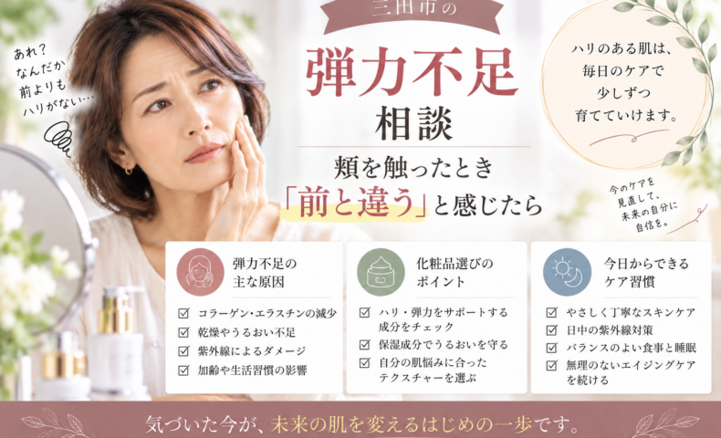三田市の弾力不足相談。頬を触ったときに前との違いを感じる女性と、弾力不足の原因や化粧品選び、ケア習慣を紹介する画像