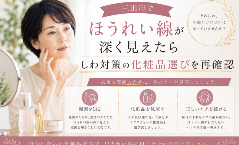 三田市でほうれい線が深く見えることに悩む女性に向けた、しわ対策の化粧品選びとスキンケアの見直しを紹介する画像