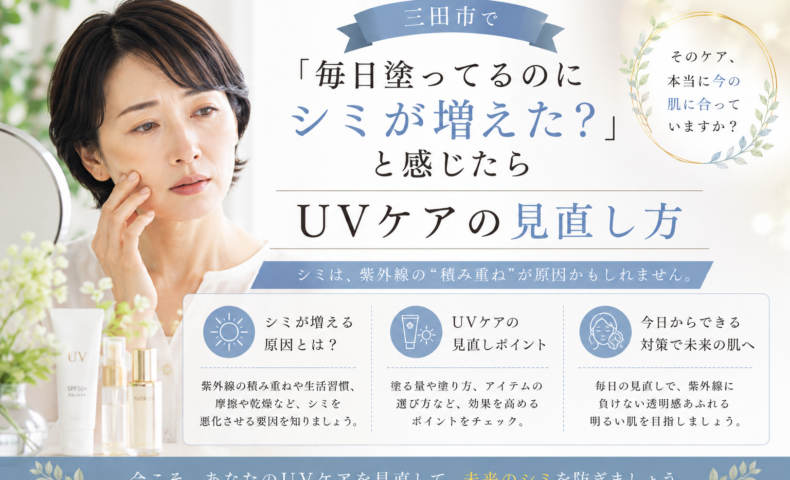三田市で毎日日焼け止めを塗っているのにシミが増えたと感じる方へ、UVケアの見直し方を紹介するアイキャッチ画像