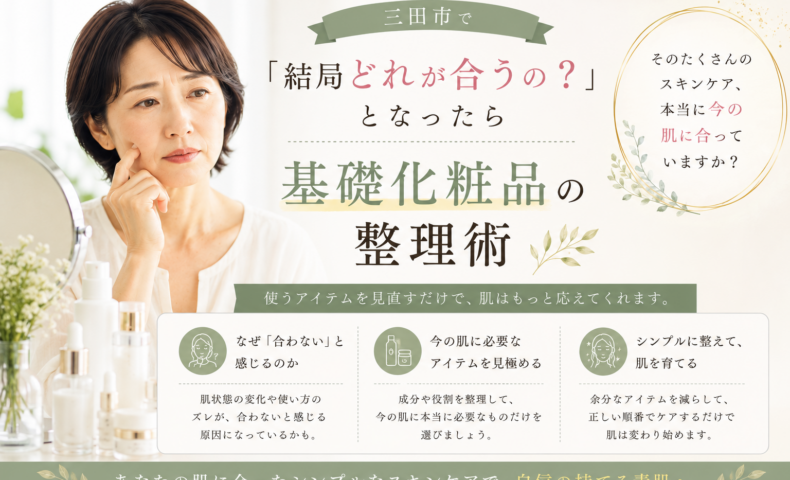 三田市で基礎化粧品選びに迷う方へ、今の肌に必要なアイテムを整理して自分に合うスキンケアを見つけるポイントを紹介するアイキャッチ画像