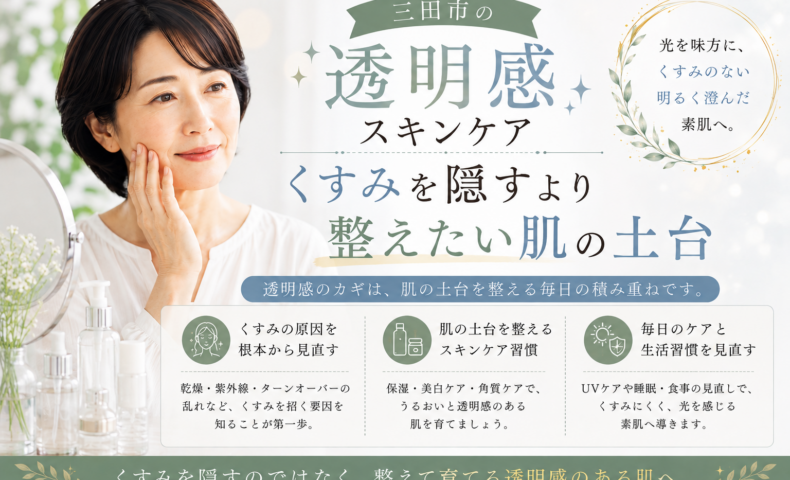 三田市の透明感スキンケア｜くすみを隠すより肌の土台を整えるケアを紹介するアイキャッチ画像