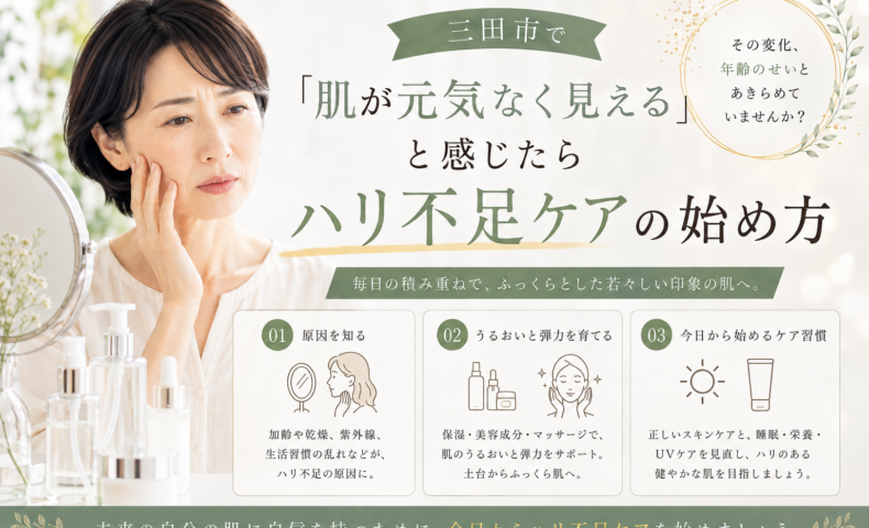 三田市で肌が元気なく見えると感じる方へ、ハリ不足の原因とスキンケアの始め方を紹介するアイキャッチ画像