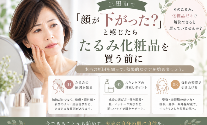 三田市で顔のたるみが気になる女性へ、たるみ化粧品を買う前に原因やスキンケアを見直すポイントを紹介するアイキャッチ画像