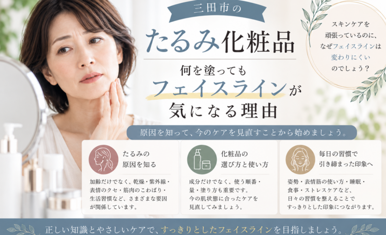 三田市のたるみ化粧品選びについて、何を塗ってもフェイスラインが気になる理由とケアの見直しポイントを紹介するアイキャッチ画像