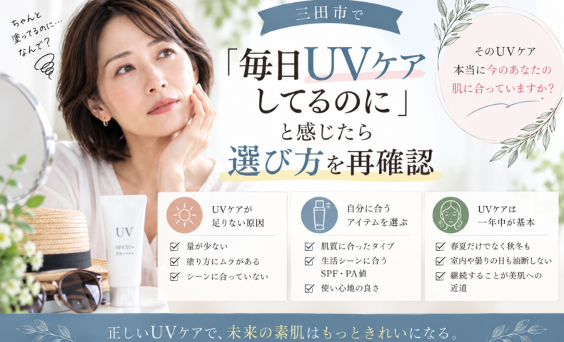 三田市で毎日UVケアしているのに不安を感じる方へ、UVケアの選び方や塗り方を見直すポイントを紹介