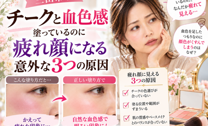 三田市のチークと血色感｜チークを塗っても疲れ顔に見える3つの原因を解説。色選び・塗る位置・ベースメイクとの相性を見直し、自然な血色感のある明るい印象に仕上げる方法を比較した画像