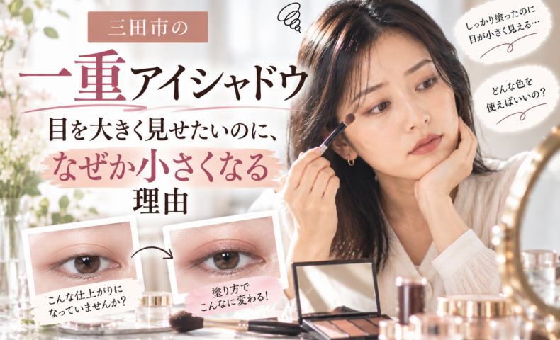 三田市の一重アイシャドウ｜目を大きく見せたいのに小さく見える理由とは？一重の女性がアイシャドウを塗る様子と、塗り方による目元の印象の違いを紹介する画像