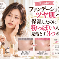 三田市のファンデーションでツヤ肌へ｜保湿しても粉っぽく見える3つの原因と、化粧下地やファンデーションの使い方を見直して、なめらかなツヤ肌に仕上げる方法を比較した画像