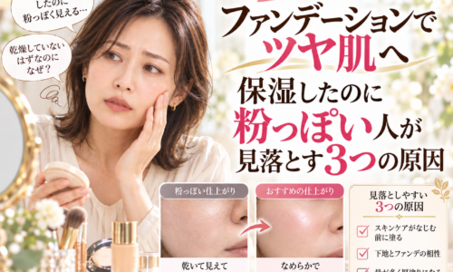 三田市のファンデーションでツヤ肌へ｜保湿しても粉っぽく見える3つの原因と、化粧下地やファンデーションの使い方を見直して、なめらかなツヤ肌に仕上げる方法を比較した画像