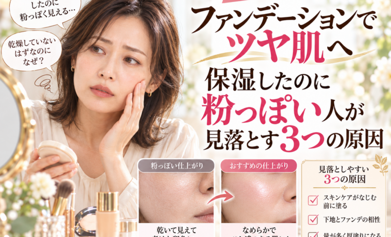 三田市のファンデーションでツヤ肌へ｜保湿しても粉っぽく見える3つの原因と、化粧下地やファンデーションの使い方を見直して、なめらかなツヤ肌に仕上げる方法を比較した画像