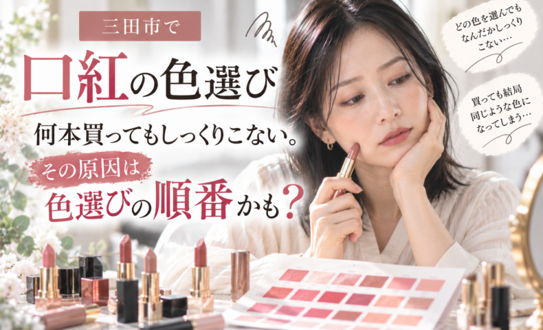 三田市の口紅の色選び｜何本買ってもしっくりこない女性が、口紅とカラーチャートを見比べながら、自分に似合うリップカラーを考えている様子