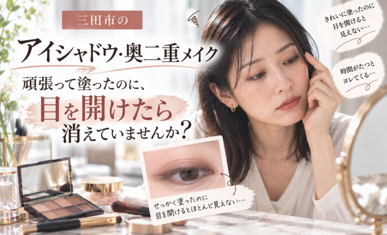 三田市のアイシャドウ・奥二重メイク｜目を開けるとアイシャドウが隠れてしまう悩みを持つ女性が、鏡で目元を確認している様子