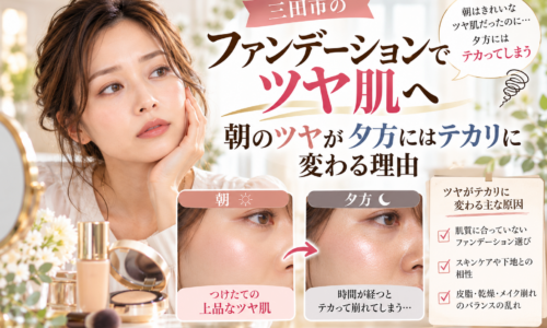 三田市のファンデーションでツヤ肌へ｜朝は上品なツヤ肌でも夕方にはテカリが目立つ原因と、ファンデーションの選び方やメイク崩れ対策を比較した画像