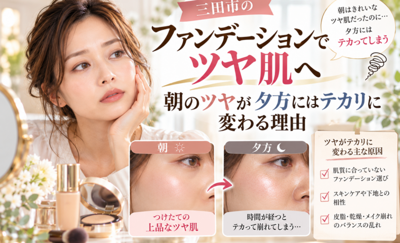 三田市のファンデーションでツヤ肌へ｜朝は上品なツヤ肌でも夕方にはテカリが目立つ原因と、ファンデーションの選び方やメイク崩れ対策を比較した画像